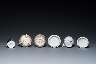 A Meissen porcelain covered bowl and two saucers, a S&egrave;vres-style milk jug, a covered bowl and a cup, Germany and France, 19/20th C.