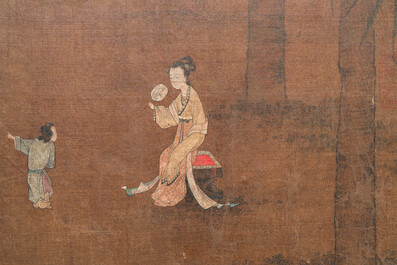 Chinese school: 'Dame met dienaar', inkt en kleur op zijde, Ming