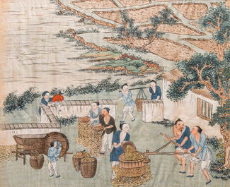 Chinese school: 'Drie sc&egrave;nes uit de rijstproductie', inkt en kleur op zijde, 19e eeuw