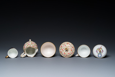 A Meissen porcelain covered bowl and two saucers, a S&egrave;vres-style milk jug, a covered bowl and a cup, Germany and France, 19/20th C.