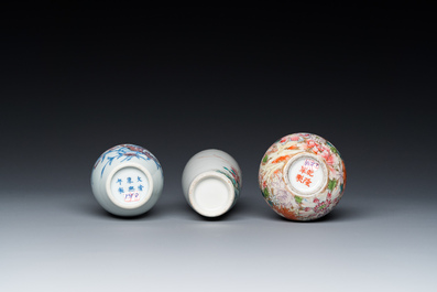 Trois vases en porcelaine de Chine famille rose et en bleu, blanc et rouge de cuivre, 19/20&egrave;me