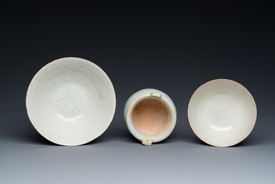 Two Chinese qingbai bowls and a tripod censer, Song/Ming