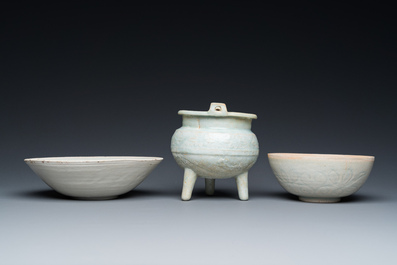 Two Chinese qingbai bowls and a tripod censer, Song/Ming