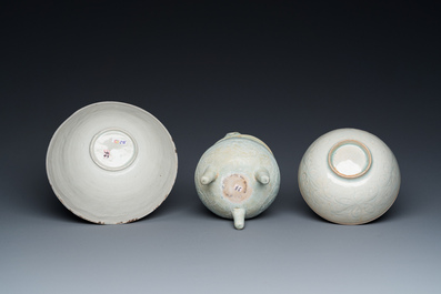 Two Chinese qingbai bowls and a tripod censer, Song/Ming