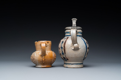 A stoneware armorial jug and a pewter-mounted jug, Raeren and Westerwald, 16/17th C.