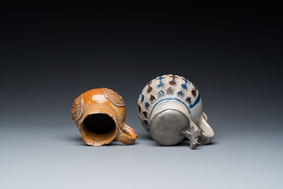 A stoneware armorial jug and a pewter-mounted jug, Raeren and Westerwald, 16/17th C.