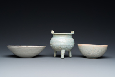 Two Chinese qingbai bowls and a tripod censer, Song/Ming