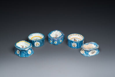 Five polychrome Brussels faience salts, 18/19th C.