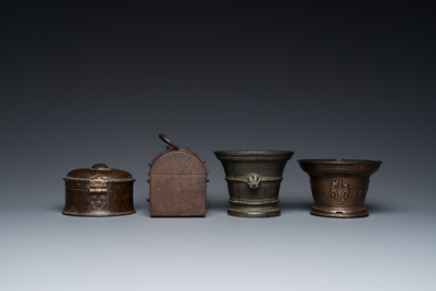 Two bronze mortars, a round lidded box and an iron casket, Western Europe, 16/17th C.