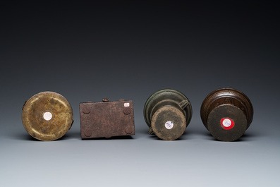 Two bronze mortars, a round lidded box and an iron casket, Western Europe, 16/17th C.