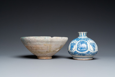 A blue and white Safavid hookah base, a Kashan bowl and a Kutahya plate, Persia and Turkey, 14th C. and later