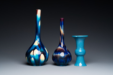 Two Japanese flamb&eacute;-glazed Awaji bottle vases and a Chinese robin's egg-glazed vase, 19/20th C.