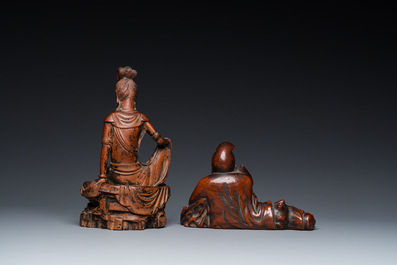 Two Chinese wood sculptures of Guanyin and Tudigong, Qing