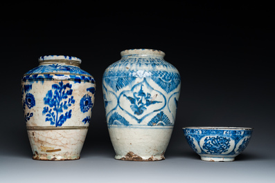 Two blue and white Islamic pottery storage jars and a bowl, Persia, 17/19th C.
