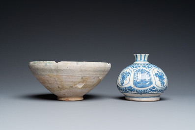 A blue and white Safavid hookah base, a Kashan bowl and a Kutahya plate, Persia and Turkey, 14th C. and later
