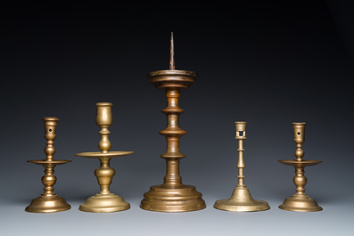 Five bronze and brass candlesticks, Flanders and The Netherlands, 15th C. and later