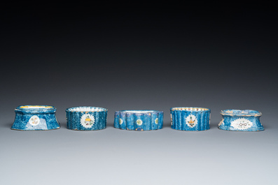 Five polychrome Brussels faience salts, 18/19th C.