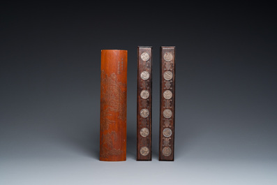 Five Chinese scholar's objects in bamboo, bone, inlaid wood and soapstone, 19/20th C.