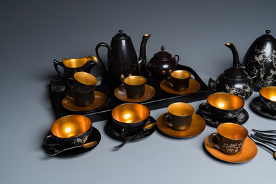 Two Chinese black Fuzhou or Foochow lacquer coffee services on trays, Republic
