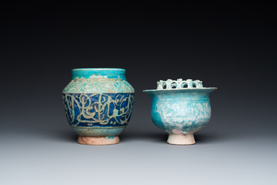 A turquoise-glazed Kashan bowl and a jar with calligraphic design, Persia, 13th C. and later