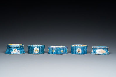 Five polychrome Brussels faience salts, 18/19th C.