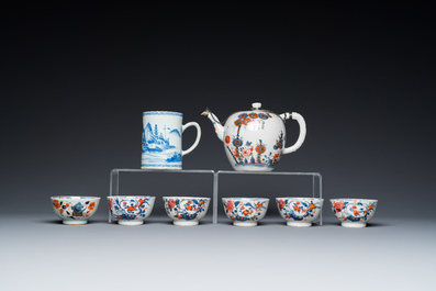 Six Chinese famille rose cups and saucers, an Imari-style teapot and a blue and white mug, Kangxi/Qianlong