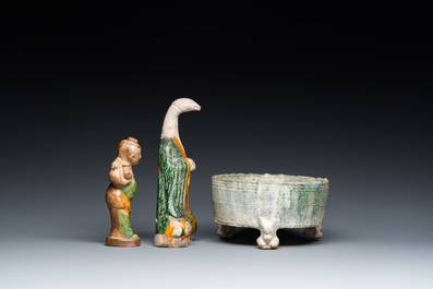 Two Chinese sancai-glazed figures and a green-glazed tripod censer, Han and later