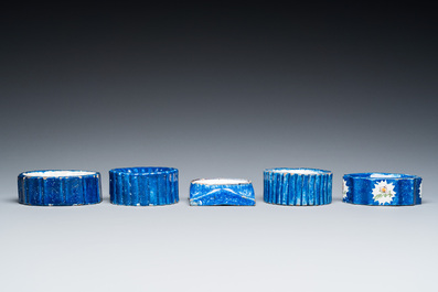 Five polychrome Brussels faience salts, 18/19th C.