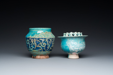 A turquoise-glazed Kashan bowl and a jar with calligraphic design, Persia, 13th C. and later