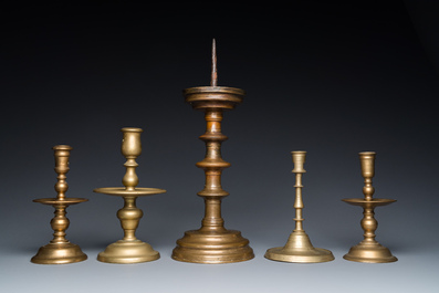 Five bronze and brass candlesticks, Flanders and The Netherlands, 15th C. and later