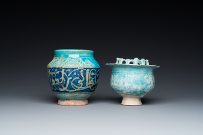 A turquoise-glazed Kashan bowl and a jar with calligraphic design, Persia, 13th C. and later