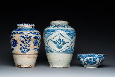 Two blue and white Islamic pottery storage jars and a bowl, Persia, 17/19th C.