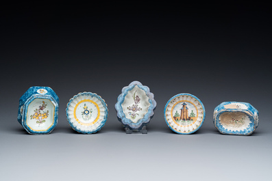 Five polychrome Brussels faience salts, 18/19th C.