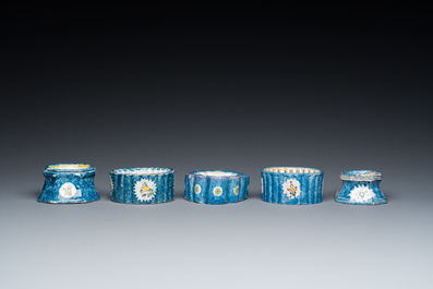 Five polychrome Brussels faience salts, 18/19th C.