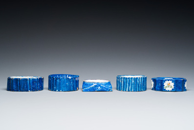Five polychrome Brussels faience salts, 18/19th C.