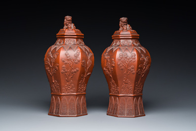 An extremely rare pair of Chinese Yixing stoneware octagonal vases and covers, Kangxi