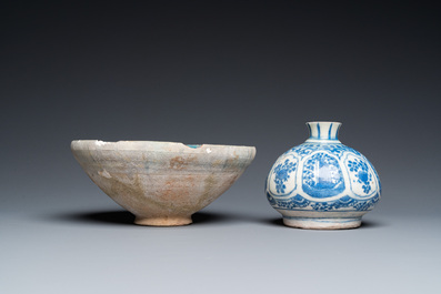 A blue and white Safavid hookah base, a Kashan bowl and a Kutahya plate, Persia and Turkey, 14th C. and later