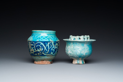 A turquoise-glazed Kashan bowl and a jar with calligraphic design, Persia, 13th C. and later