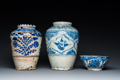 Two blue and white Islamic pottery storage jars and a bowl, Persia, 17/19th C.