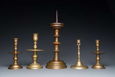 Five bronze and brass candlesticks, Flanders and The Netherlands, 15th C. and later