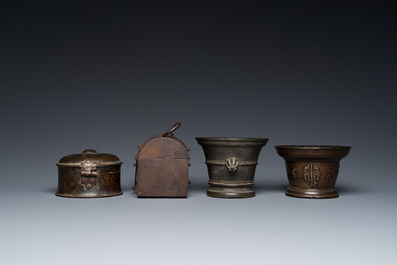Two bronze mortars, a round lidded box and an iron casket, Western Europe, 16/17th C.