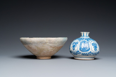 A blue and white Safavid hookah base, a Kashan bowl and a Kutahya plate, Persia and Turkey, 14th C. and later