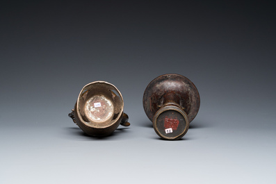 A Chinese bronze 'gu' vase and an Islamic market bronze ewer and cover, Ming