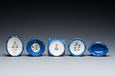 Five polychrome Brussels faience salts, 18/19th C.