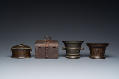 Two bronze mortars, a round lidded box and an iron casket, Western Europe, 16/17th C.