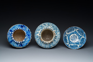 Two blue and white Islamic pottery storage jars and a bowl, Persia, 17/19th C.