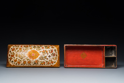 A rectangular lacquered wood writing box, Kashmir, India, 19th C.