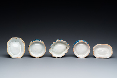 Five polychrome Brussels faience salts, 18/19th C.