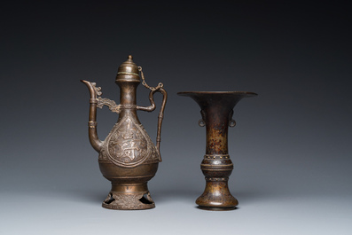 A Chinese bronze 'gu' vase and an Islamic market bronze ewer and cover, Ming