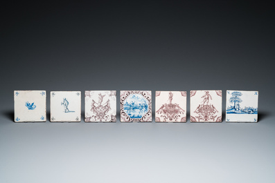 Seven Dutch Delft blue, white and manganese tiles, incl. three from the Aalmis workshop in Rotterdam, 17/18th C.